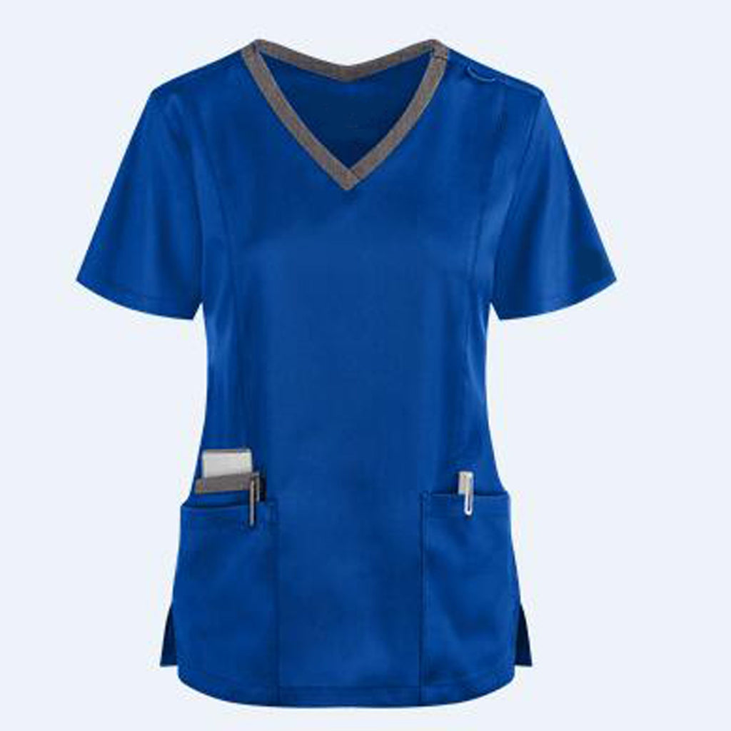 Women Nursing Scrubs Blouse Casual Short Sleeve Scrubs Working Uniforms Nurse Solid Color Top Tshirt V-neck Pocket Women Clothes