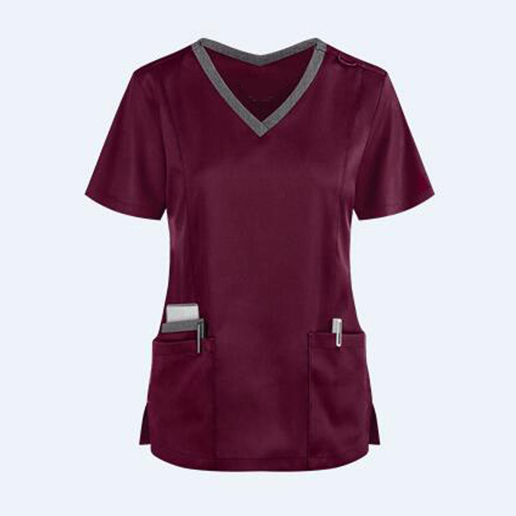 Women Nursing Scrubs Blouse Casual Short Sleeve Scrubs Working Uniforms Nurse Solid Color Top Tshirt V-neck Pocket Women Clothes