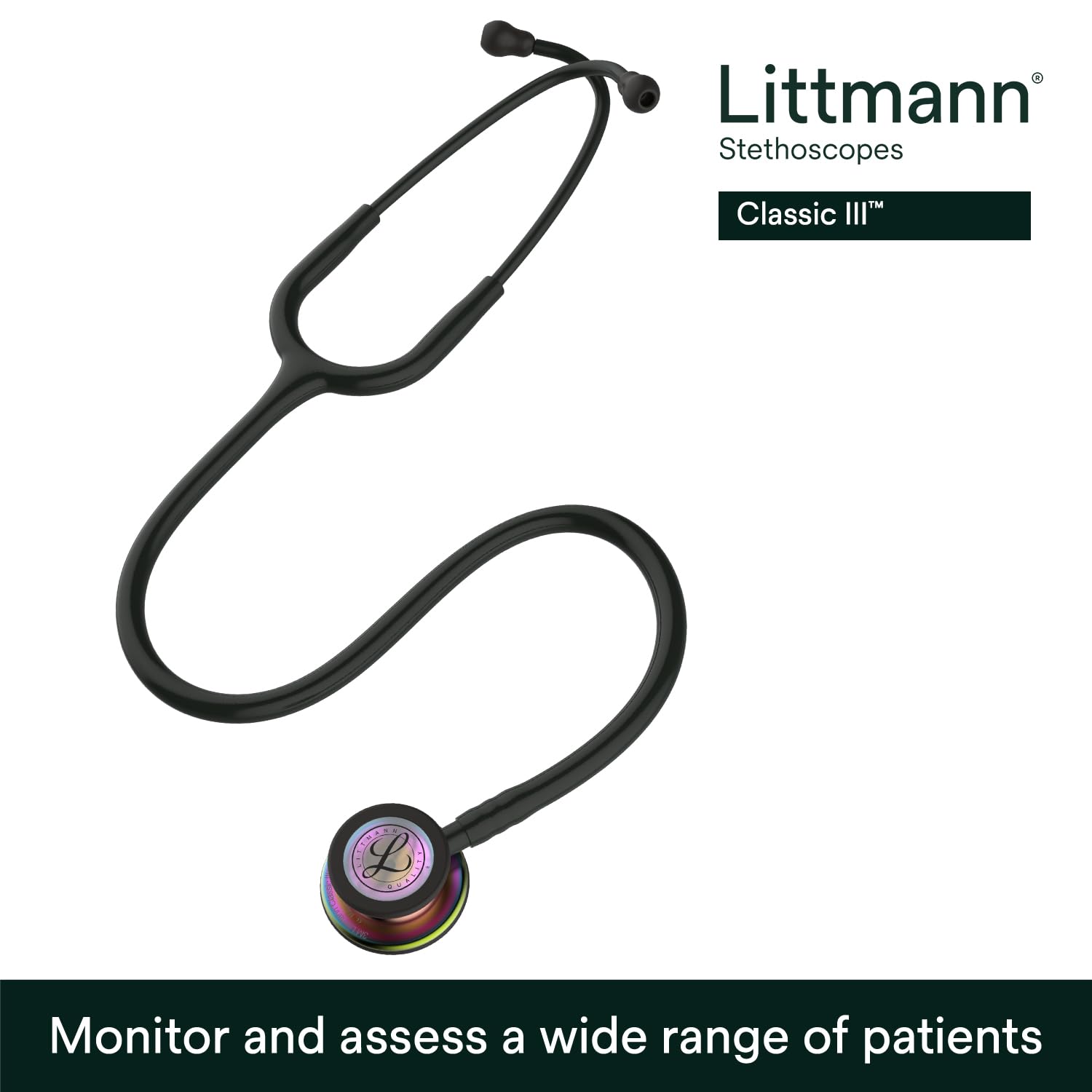 3M Littmann Classic III Monitoring Stethoscope, 5803, More Than 2X as Loud, Weighs Less, Stainless Steel Black-Finish Chestpiece, 27" Black Tube, Stem and Headset