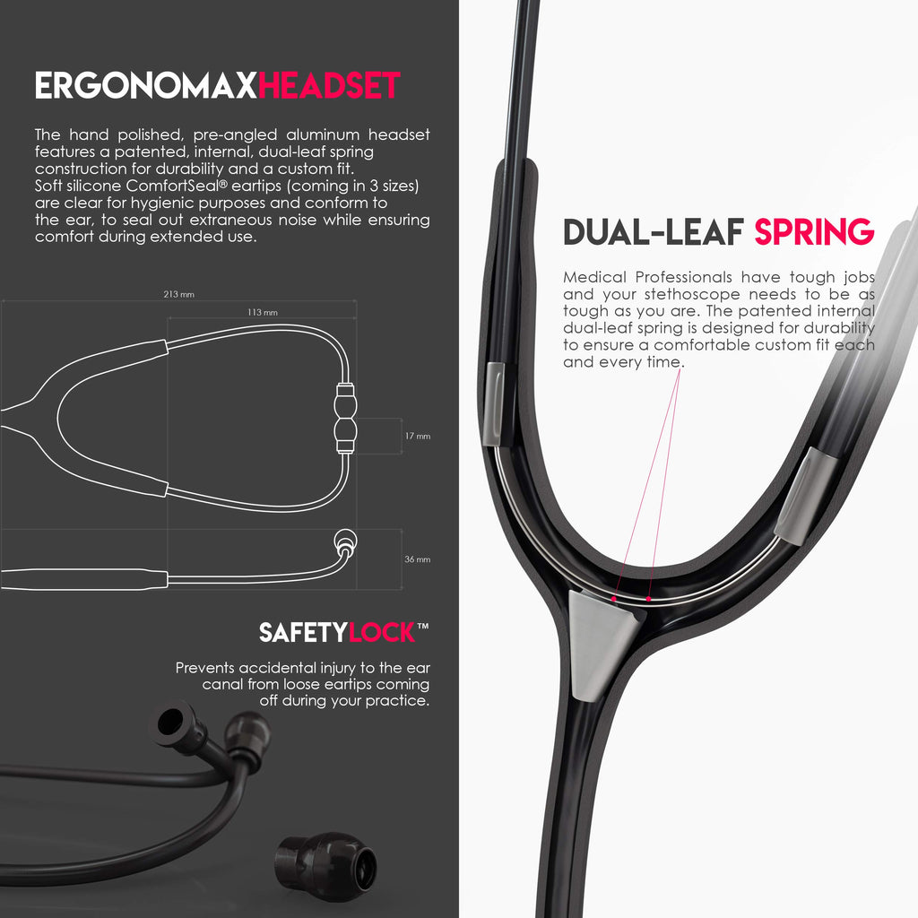 MDF Instruments, Acoustica Lightweight Stethoscope for Doctors, Nurses, Students, Home Health Use, Adult, Dual Head, Black Tube, Gold Chestpiece-Headset, MDF747XPK11