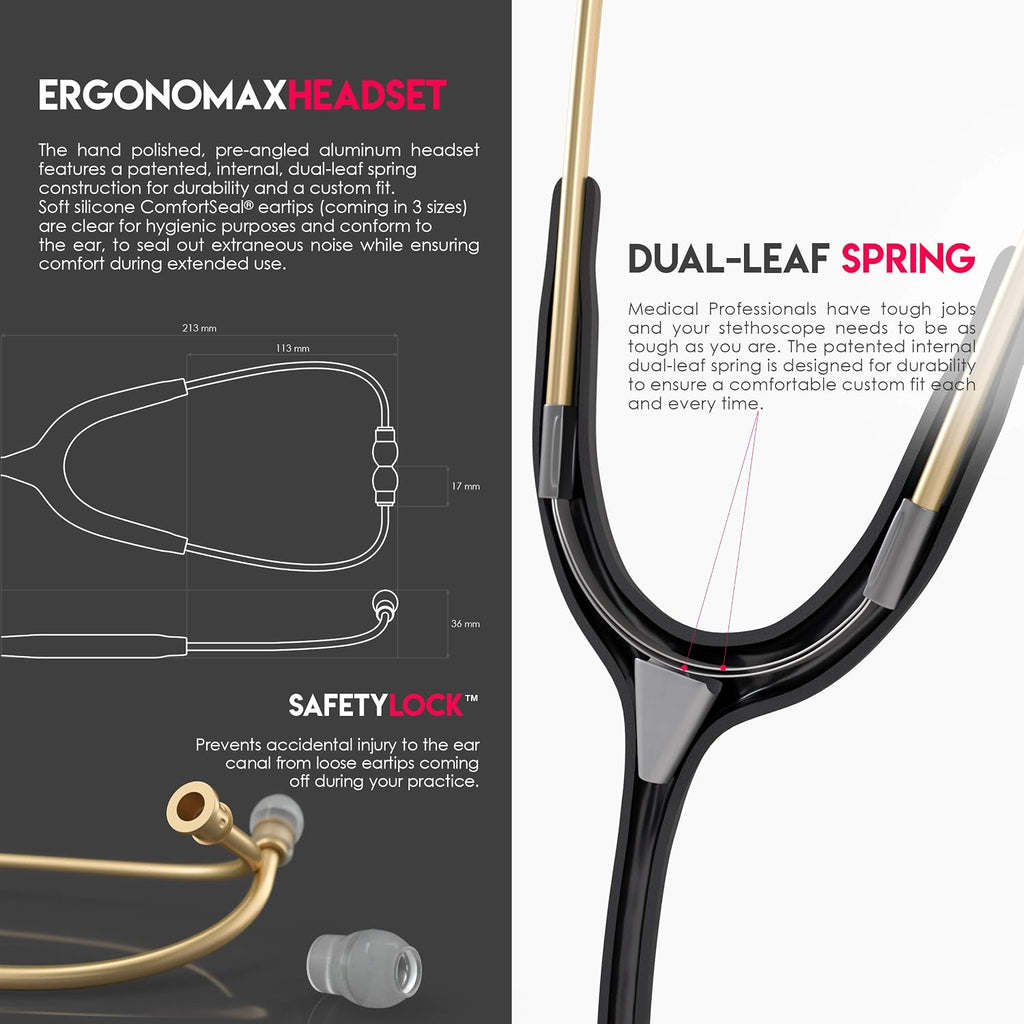 MDF Instruments, Acoustica Lightweight Stethoscope for Doctors, Nurses, Students, Home Health Use, Adult, Dual Head, Black Tube, Gold Chestpiece-Headset, MDF747XPK11