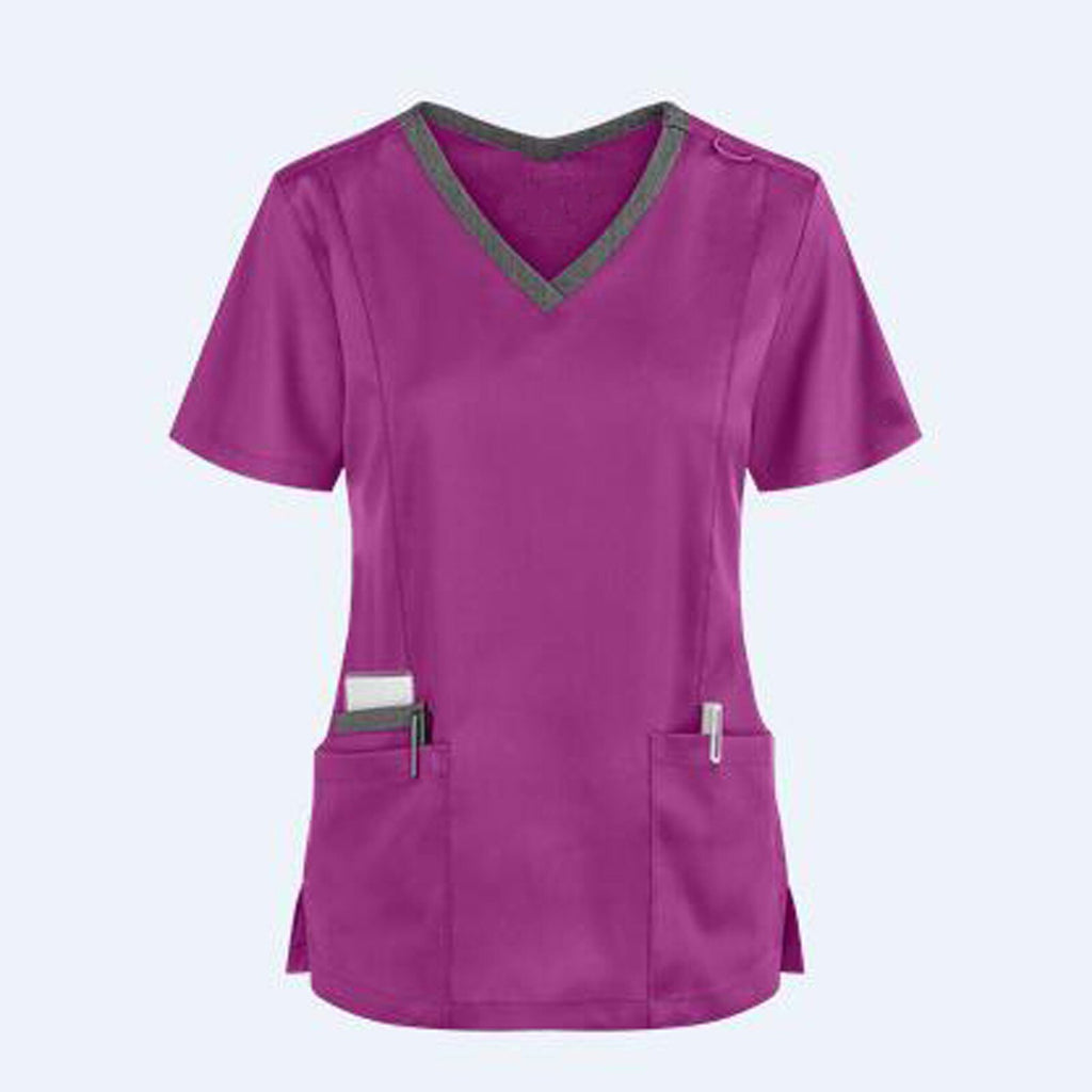 Women Nursing Scrubs Blouse Casual Short Sleeve Scrubs Working Uniforms Nurse Solid Color Top Tshirt V-neck Pocket Women Clothes