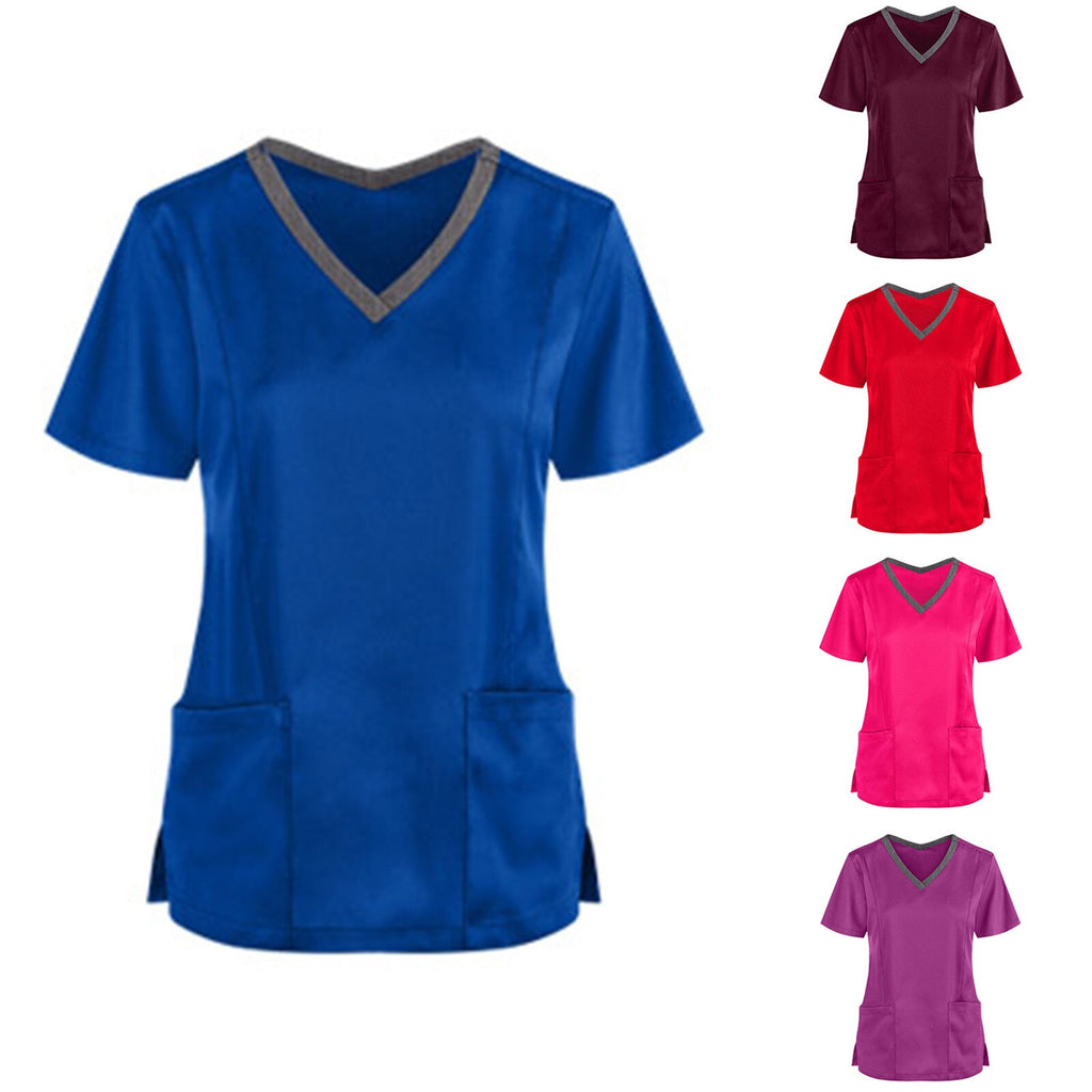 Women Nursing Scrubs Blouse Casual Short Sleeve Scrubs Working Uniforms Nurse Solid Color Top Tshirt V-neck Pocket Women Clothes