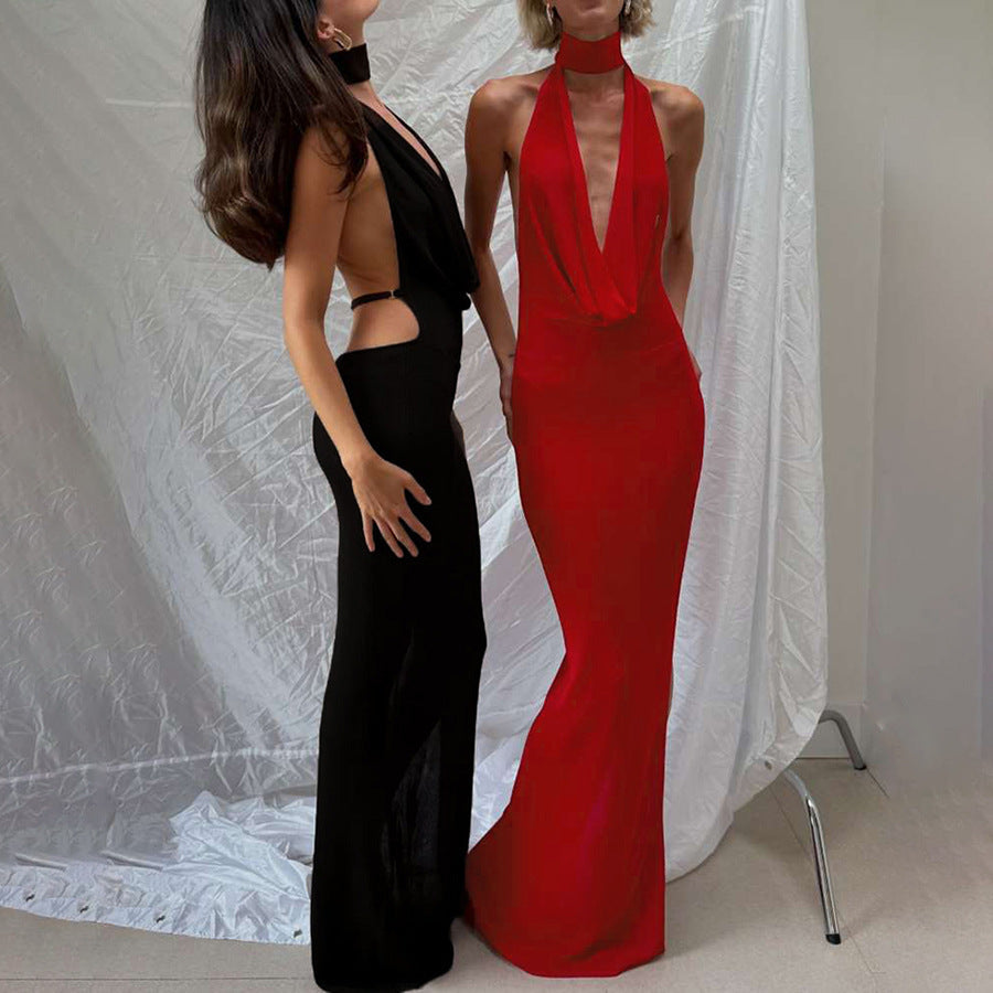 Women Clothing Autumn Winter Elegant Sexy Halter V neck Backless Side Slit Dress