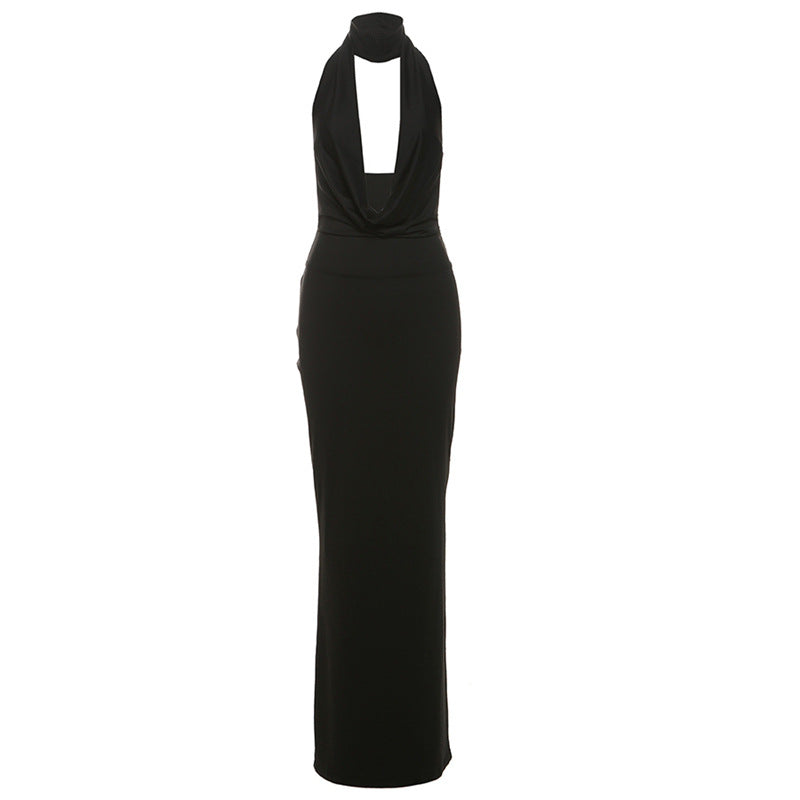 Women Clothing Autumn Winter Elegant Sexy Halter V neck Backless Side Slit Dress