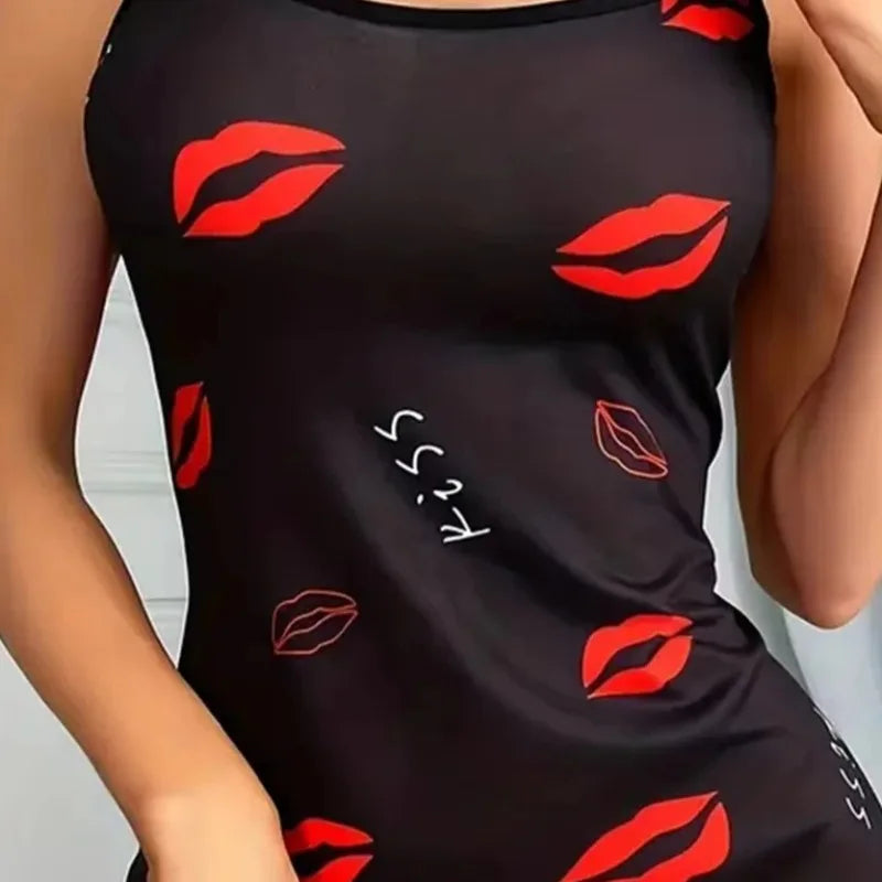 Women's Red Lip Letter Print Sexy Frill Trim Sleepwear Dress Round Neck Backless Slip Dress Comfortable Nightgown